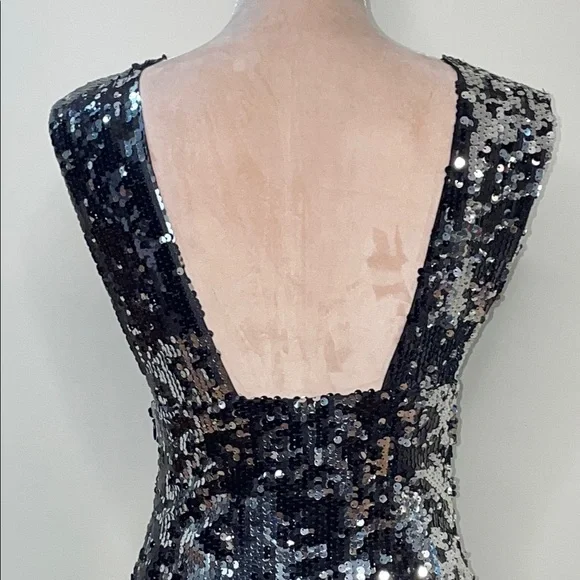 Rachel Zoe Black & Silver Sequin Sleeveless Plunge Neckline Women’s Dress - Picture 9 of 12